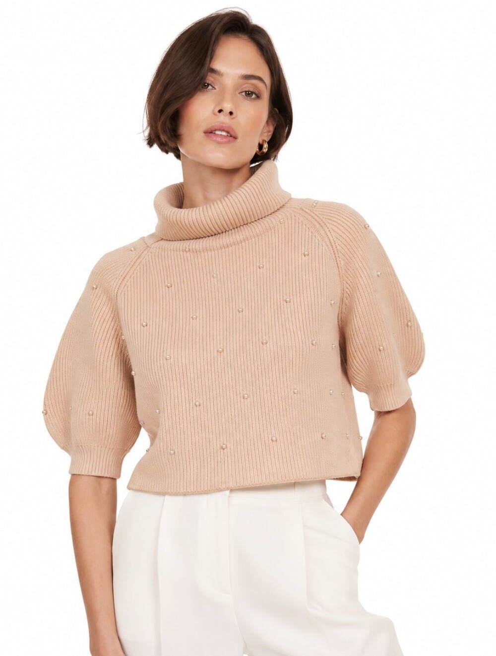 Venus Big Cowl Neck Knit Cropped Sweater Pale Pink With Pearls XL